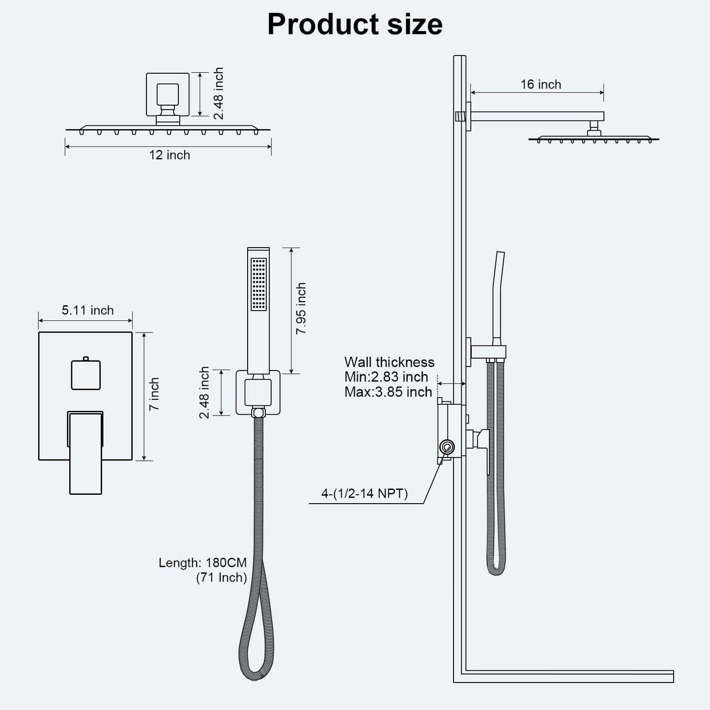 FPXRNG Black Shower Faucet Set, Rainfall Shower System with Square Shower Head and Handle Set, Wall Mounted Shower Fixtures, Full Metal Trim Repair Kit 12 inch Matte Black (With Shower Valve)