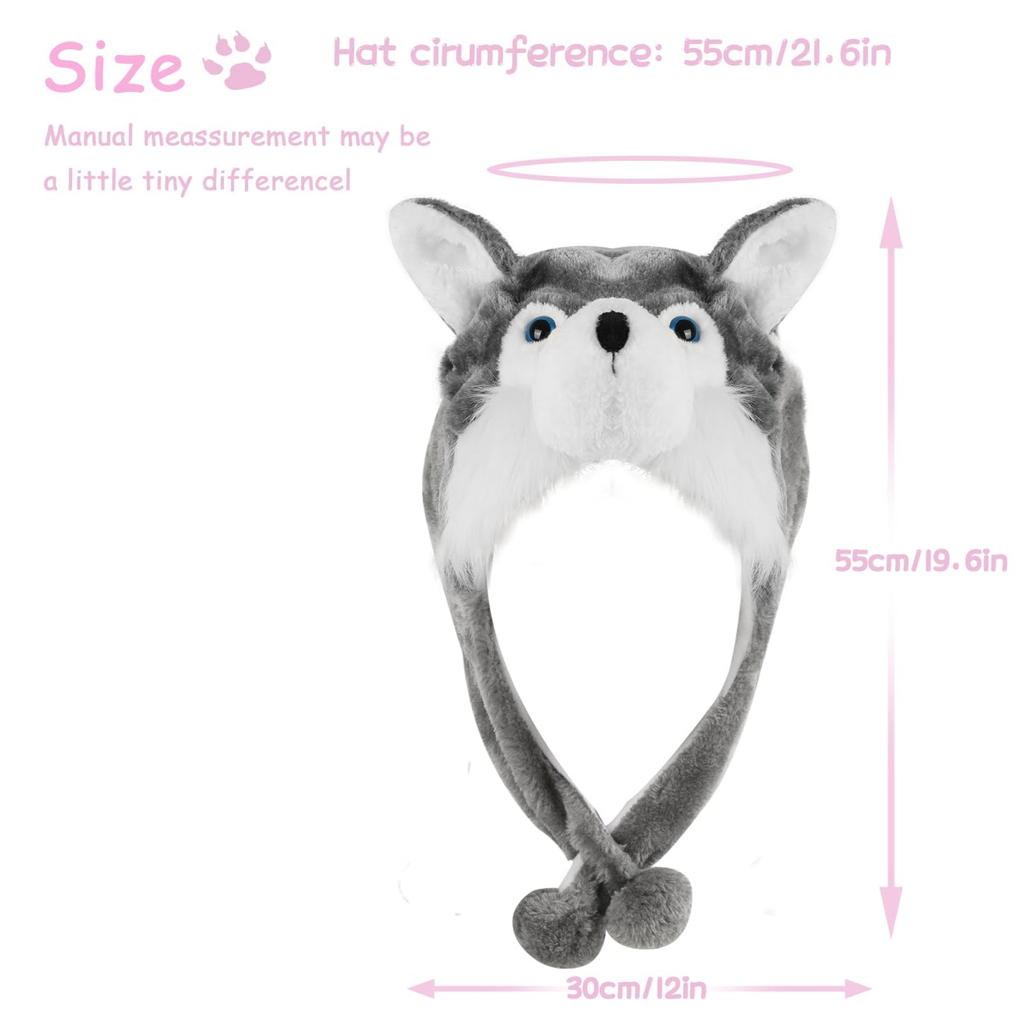 Audaisyly Funny Plush Animal Hat with Ear Flaps, Soft Fleece Hats Cute Bunny Cap for Kids Women Girls Cosplay Party Holiday Gifts (Husky)