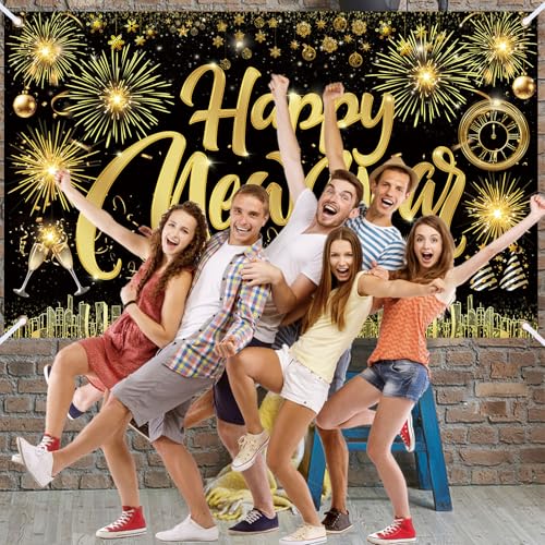 Famoby Happy New Year Fabric Sign Poster Banner Backdrop with Pattern Firework Champagne for Photo Booth Background New Ye...
