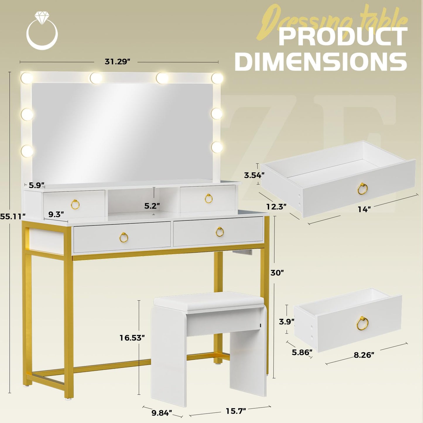 COMHOMA Makeup Vanity Desk with Mirror and Lights, Vanity Table and Chair Set with 4 Drawers and Charging Station, Bedroom Dresser Mirror& Adjustable 3 Color Modes, Storage Shelf, 32In White and Gold