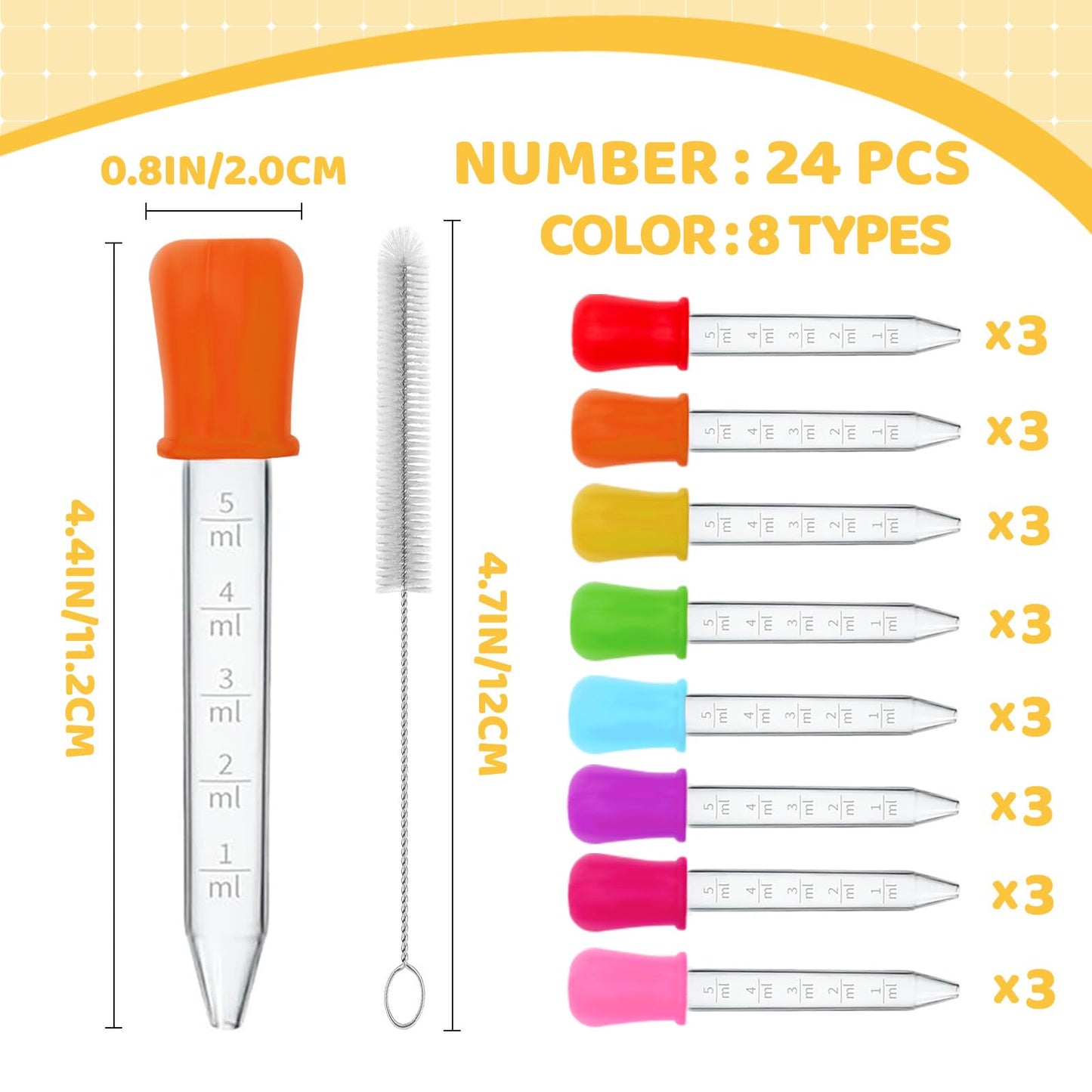 YLMUSU 24 Pack Liquid Droppers with a Clean Brush, 5ML 8 Colors Silicone and Plastic Pipettes with Bulb Tip, Medicine Eye Dropper for Kids Crafts/Candy Mold/Gummy Bear Maker/Oil