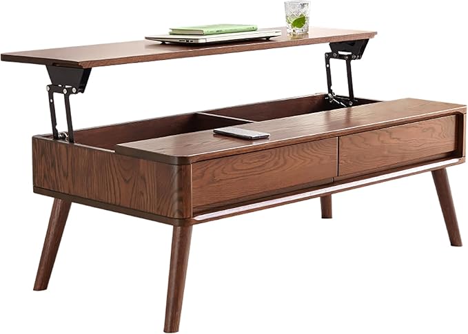 QKFF Wood Lift Top Coffee Table, 100% Solid Oak Wood Small Rising Dining Center Tables with Storage Shelf and Hidden Compartment for Living Room 48D x 26W x 26H