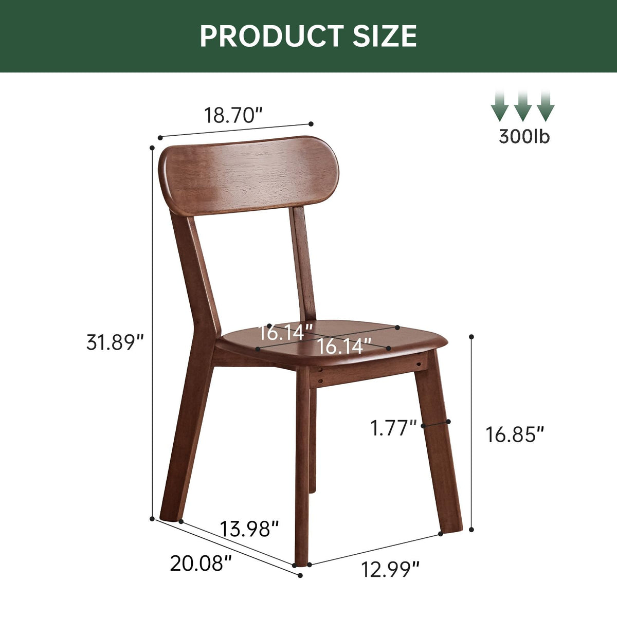 100% Solid Wood Dining Chairs Set of 2, Mid Century Modern Dining Chairs with Curved Backrest, Wooden Desk Chair with Solid Rubber Wood Frame for Kitchen, Dining Room, Study, Living Room, Walnut (2PK)