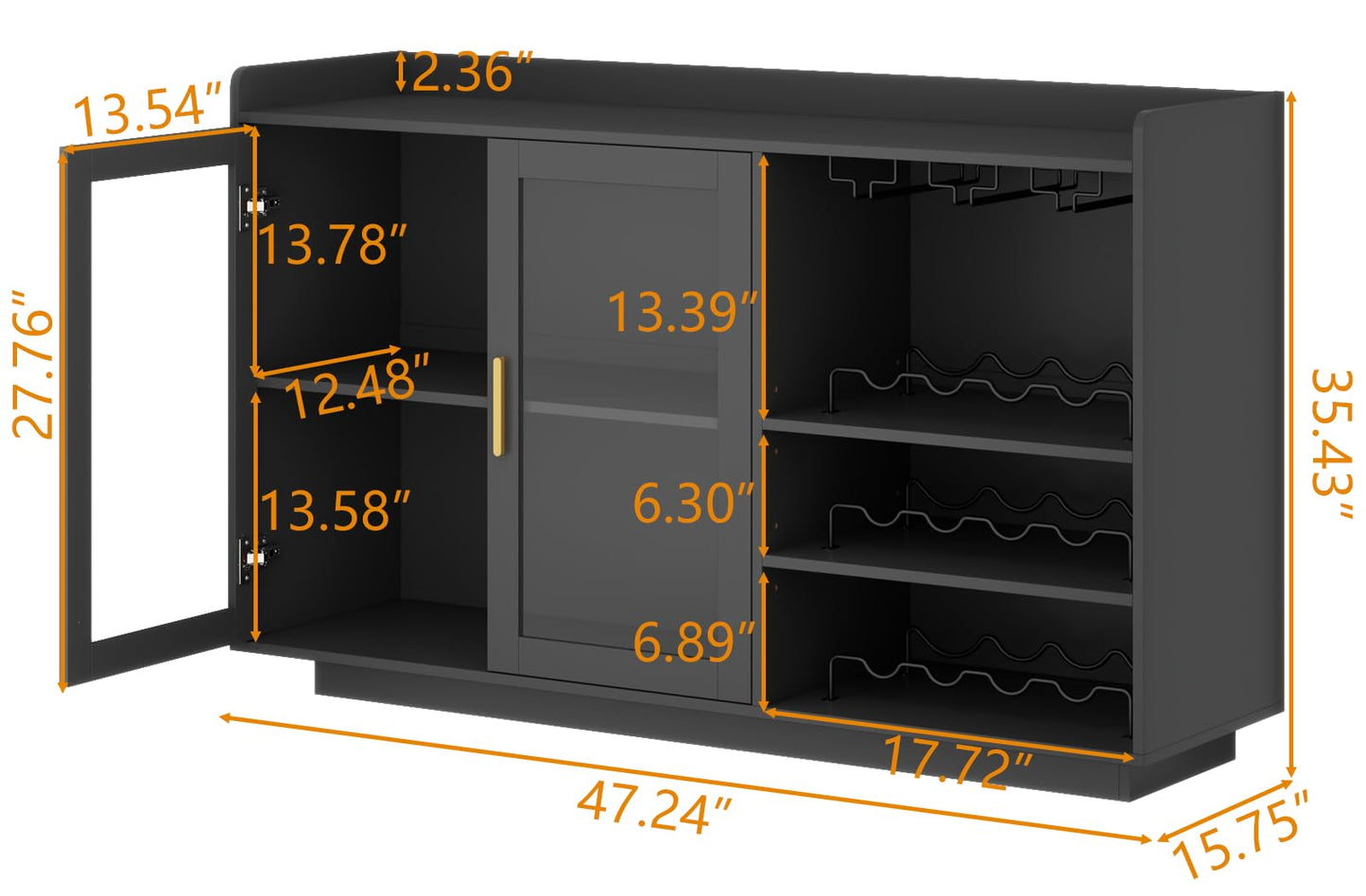 Loomie Wine Bar Cabinet with LED Lights, Floating Coffee Bar with Glass Rack and Removable Wine Racks, Modern Buffet Sideboard with Storage Shelves, Kithchen Bar with Glass Cabinet Doors, Black