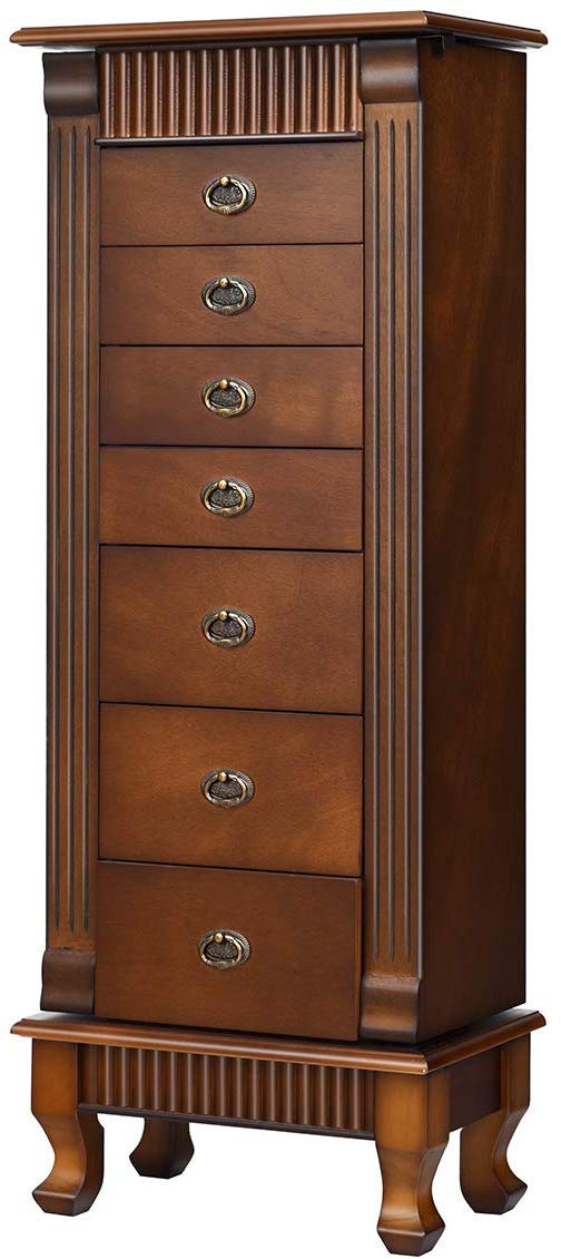 HOMGX Standing Jewelry Armoire Cabinet Storage Chest, Makeup Mirror and Top Divided Storage Organizer, Large Standing Jewelry Armoire with 7 Drawers, 2 Swing Doors, 12 Necklace Hooks