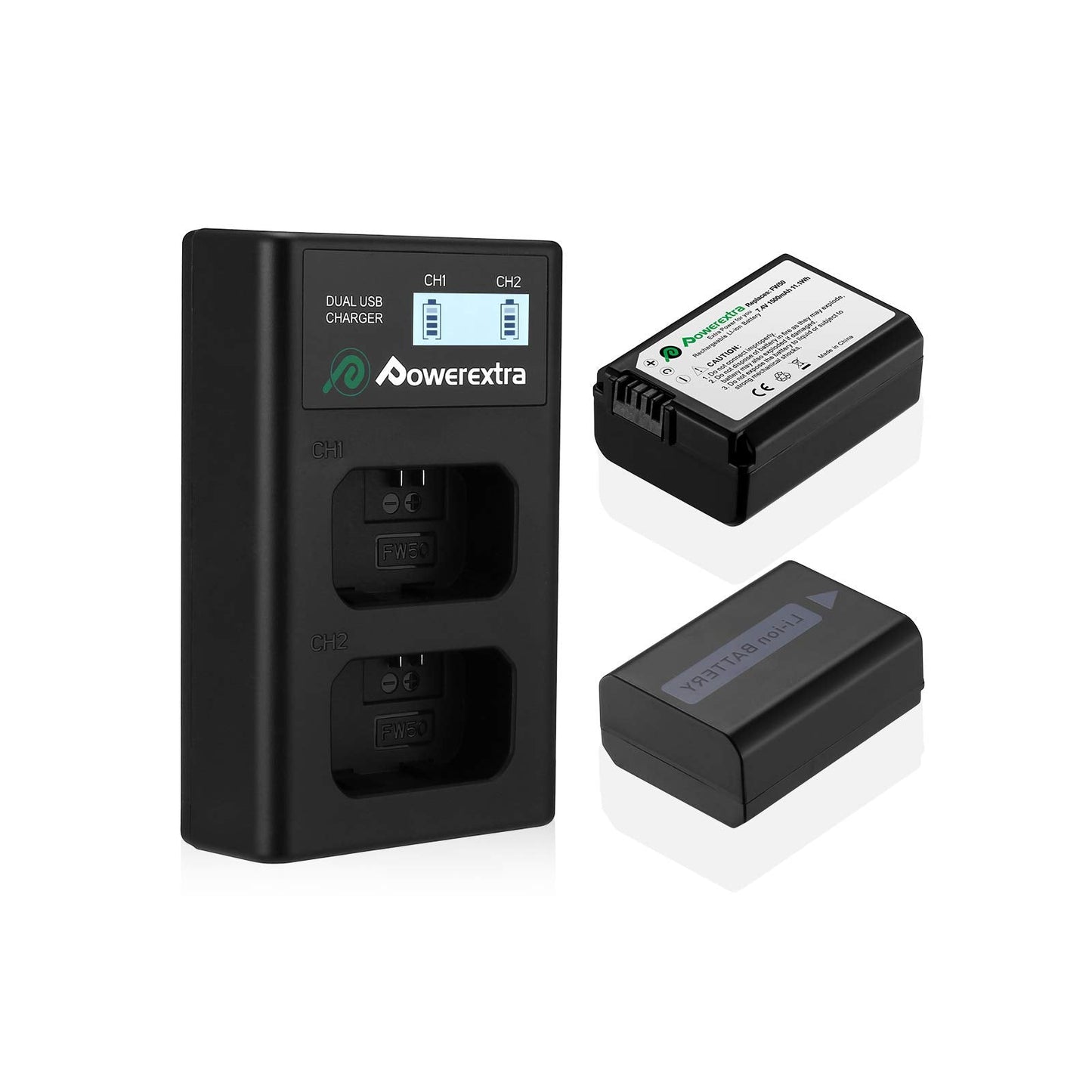 Powerextra 2 Pack Replacement Sony NP-FW50 Battery and Smart LCD Display Dual USB Charger Compatible for Sony ZV-E10 Alpha a6500 a6300 a6000 a7s a7 a7s ii a7s a5100 a5000 a7r a7 ii Camera-New