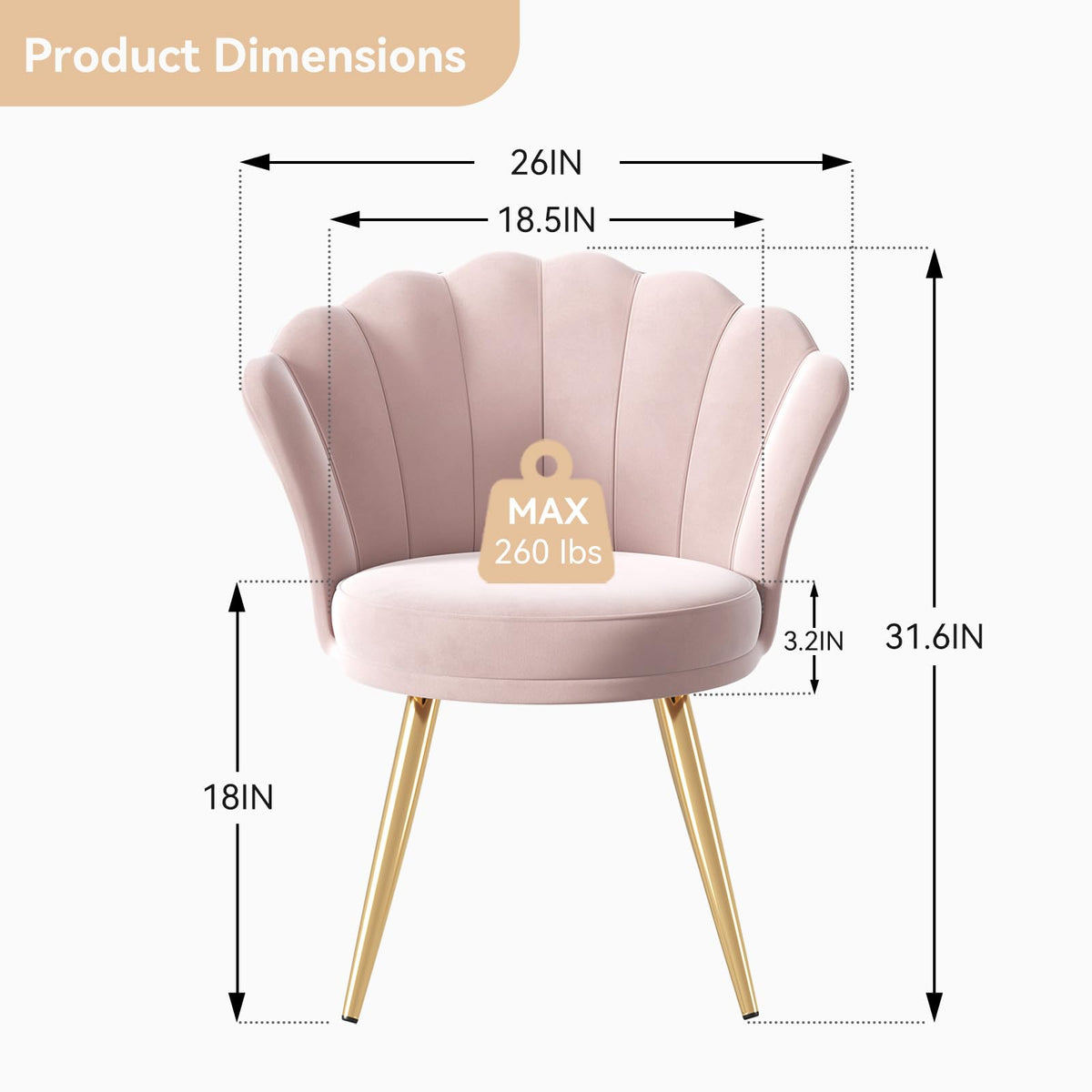 Aivermeil Velvet Accent Chair with Gold Metal Legs, Vanity Chair for Makeup Room, Upholstered Guest Chair for Living Room, for Bedroom, Light Pink