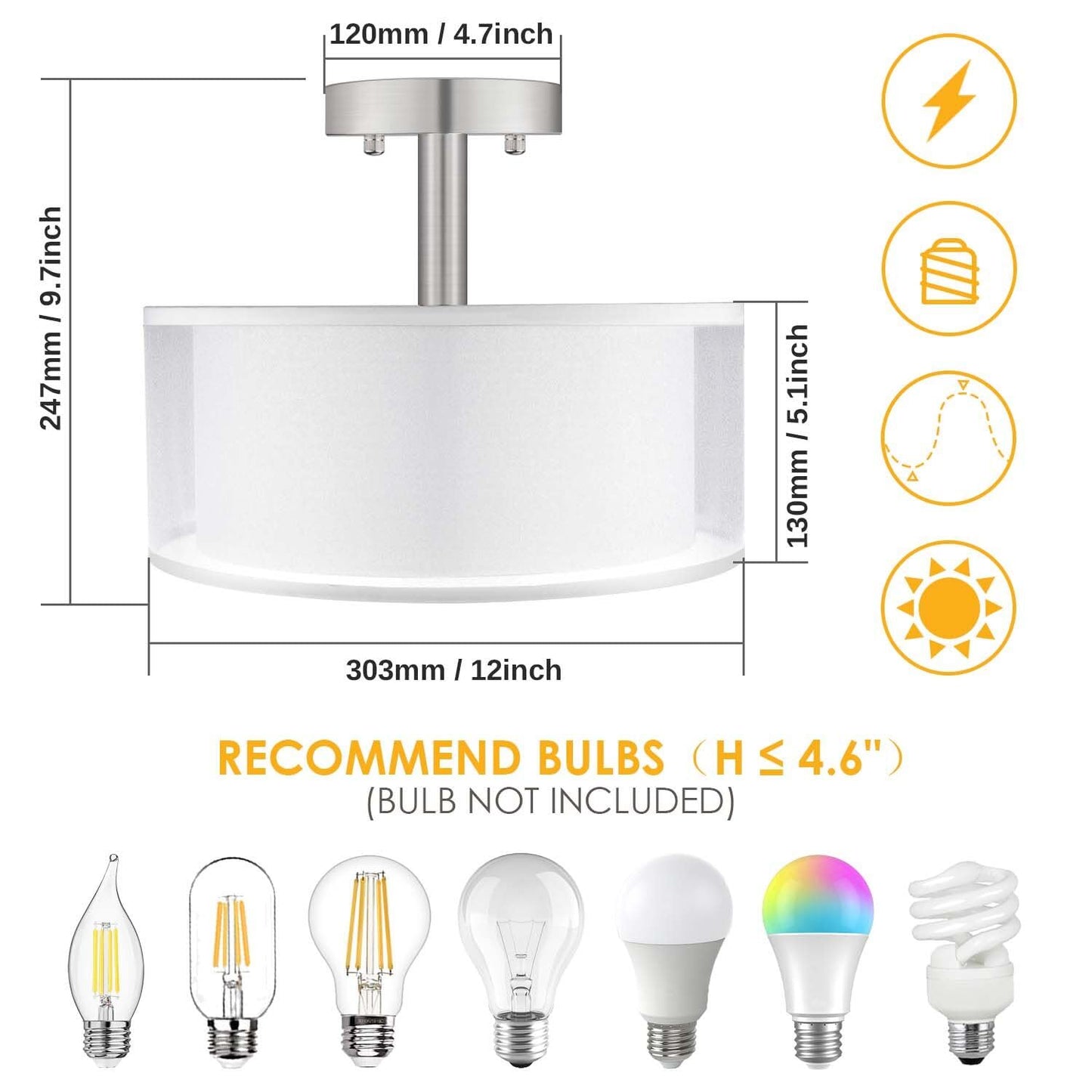 FOLKSMATE 3-Light Semi Flush Mount Ceiling Light Fixture, Drum Light with Double Fabric Shade, Modern Close to Ceiling Lamps for Dining Room Kitchen