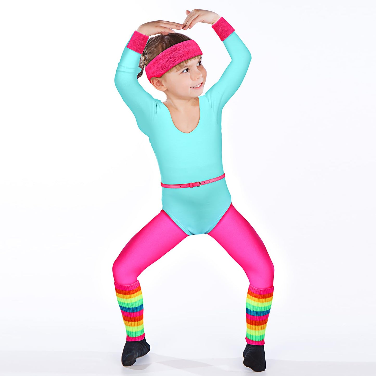 Hicarer 5 Pcs Kids 80s Workout Costume Outfit Accessories Set, Neon Leotard Legging Headband Wristband Leg Warmers Belt(2-3 Years)
