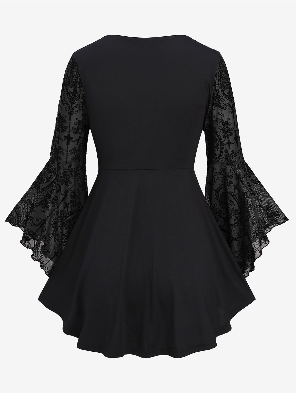 Rosegal Women Plus Size Flare Sleeves Ruffles Flower Lace Up 2 in 1 Top Long Sleeves Gothic Costume Top Bell Sleeves Twofer Tee(Black_5/L)