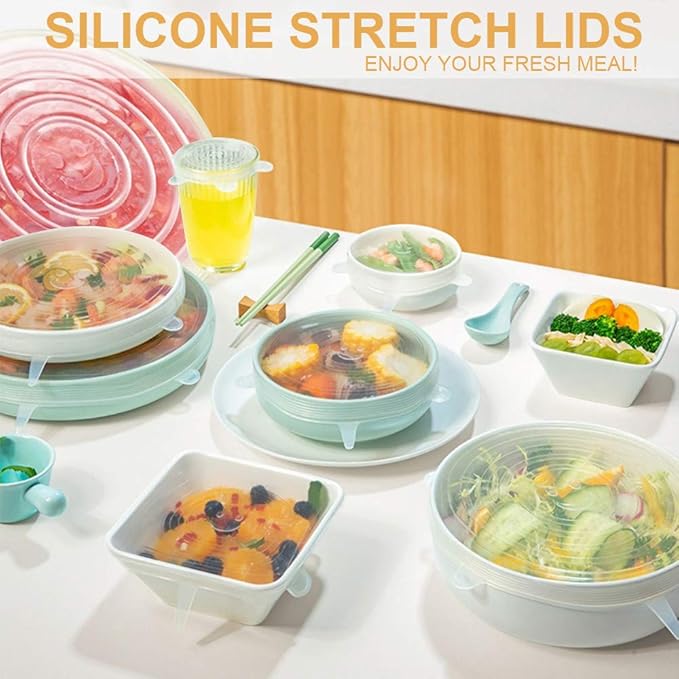 4 Pack Same Size Silicone Stretch Lids, Thicker Reusable Sturdy Silicone Container Cover, Expandable Food Storage Covers, Dishwasher and Freezer Safe, 7.28in(18.5cm)
