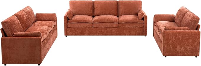 ACMEASE 3 Pieces Chenille Sofa Set w/Arm Pillows, Upholstered Loveseat & 2 Pieces 3 Seater Sofa w/Comfortable Back Cushions, Modern 2-Seat & 3-Seat w/High-Density Foam for Living Room, Orange