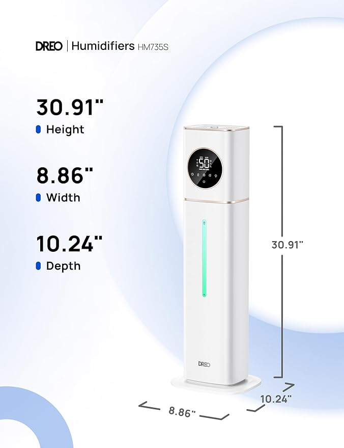 DREO HM735S 11L Smart Humidifier Large Room 700 ftยฒ, 100H Cool Mist Air Humidifiers for Bedroom, Top-Fill, Clean Tank Technology, 26dB, Auto Mode, Aroma Box, RGB, Remote & APP Control, Baby, White