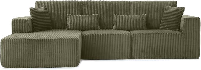 110" Cloud Sectional Couch, Modular Sectional Sofa with Deep Seat, Corduroy Upholstered Boneless Couch for Living Room Bedroom, Left Facing Chaise (Green)