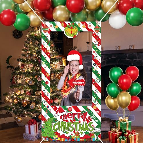 Christmas Party Decoration Set, 35 Balloons, 18 Photo Props, Banner, Photo Booth Frame, Red Green White