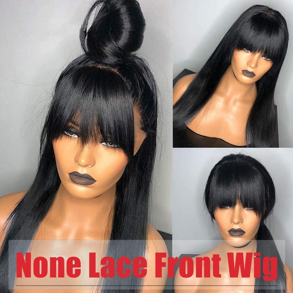 Amella Hair Straight Human Hair Wigs with Bangs for Black Women 150% Density Brazilian Straight None Lace Front Wgis with Bangs
