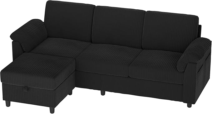 Vongrasig 79" Convertible Sectional Couch Sofa with Storage Ottoman, 3 Seat L Shaped Couch with Side Storage Pockage, Small Couches for Living Room, Apartment and Small Space, Black