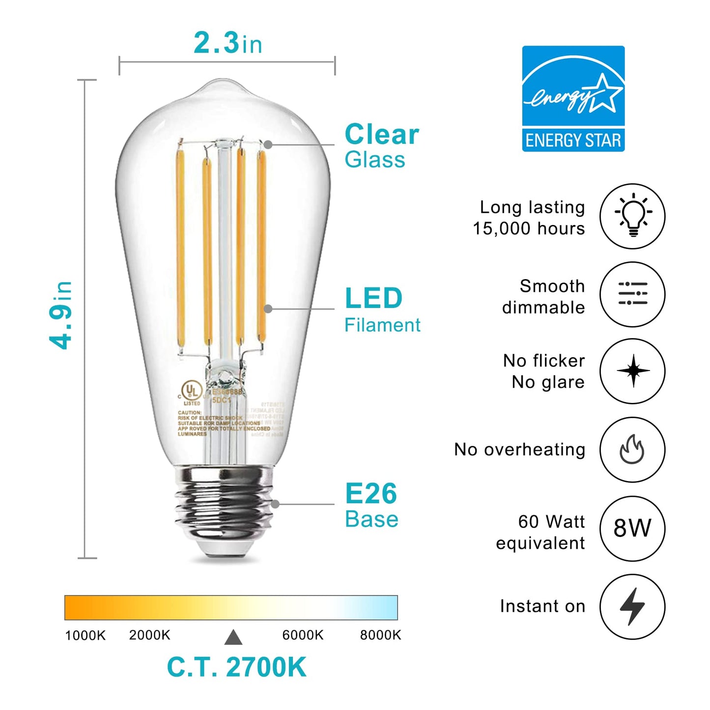 TJOY 20 Pack Vintage 8W ST58 LED Edison Light Bulbs, Dimmable, 60W Equivalent, 800Lumens, 2700K Warm White, E26 Base LED Filament Bulb, CRI80+, Antique Glass Style for Home, Bedroom, Office, Farmhouse