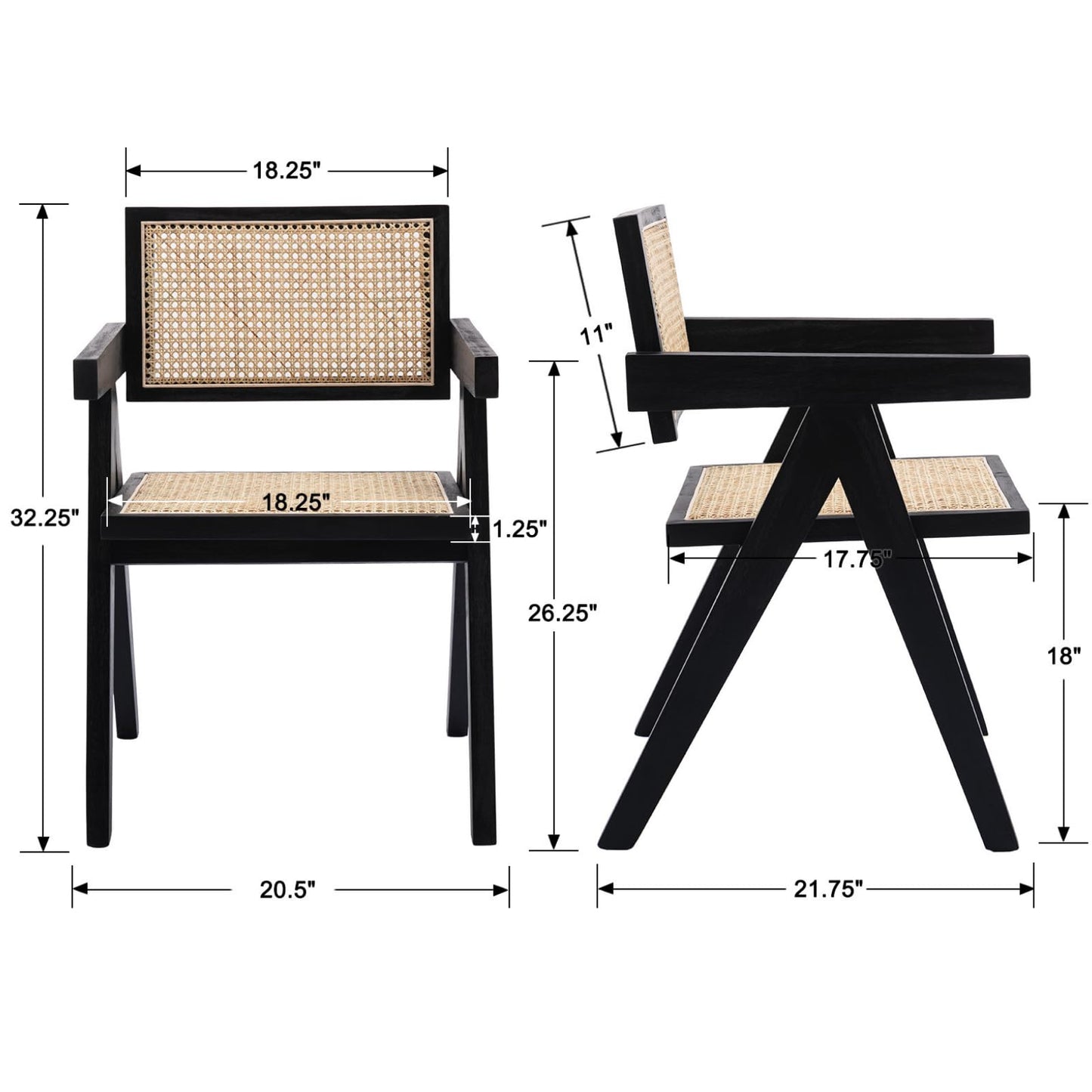 ChicAura Rattan Dining Chairs Set of 4, Mid Century Modern Dining Room Chairs Wicker Armchair Comfy Side Chair Black Wood Boho Kitchen Cane Side Chairs with Arms for Dining Room Bistro