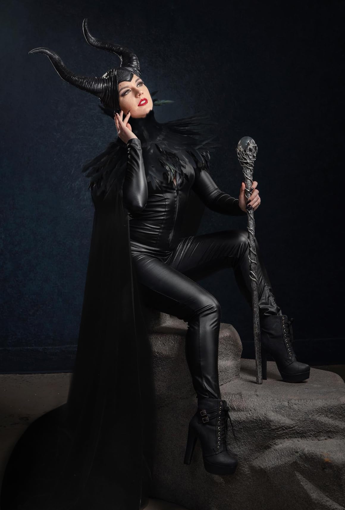 HOMELEX Evil Queen Horns with Feather Cape Shawl Set Black Halloween Costume for Women