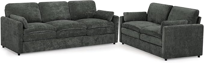 ACMEASE 2 Pieces Chenille Sofa Set w/Throw Pillows, Upholstered Loveseat & 3 Seater Sofa w/Comfortable Back Cushions, Modern 2-Seat & 3-Seat w/High-Density Foam for Living Room, Apartment, Grey