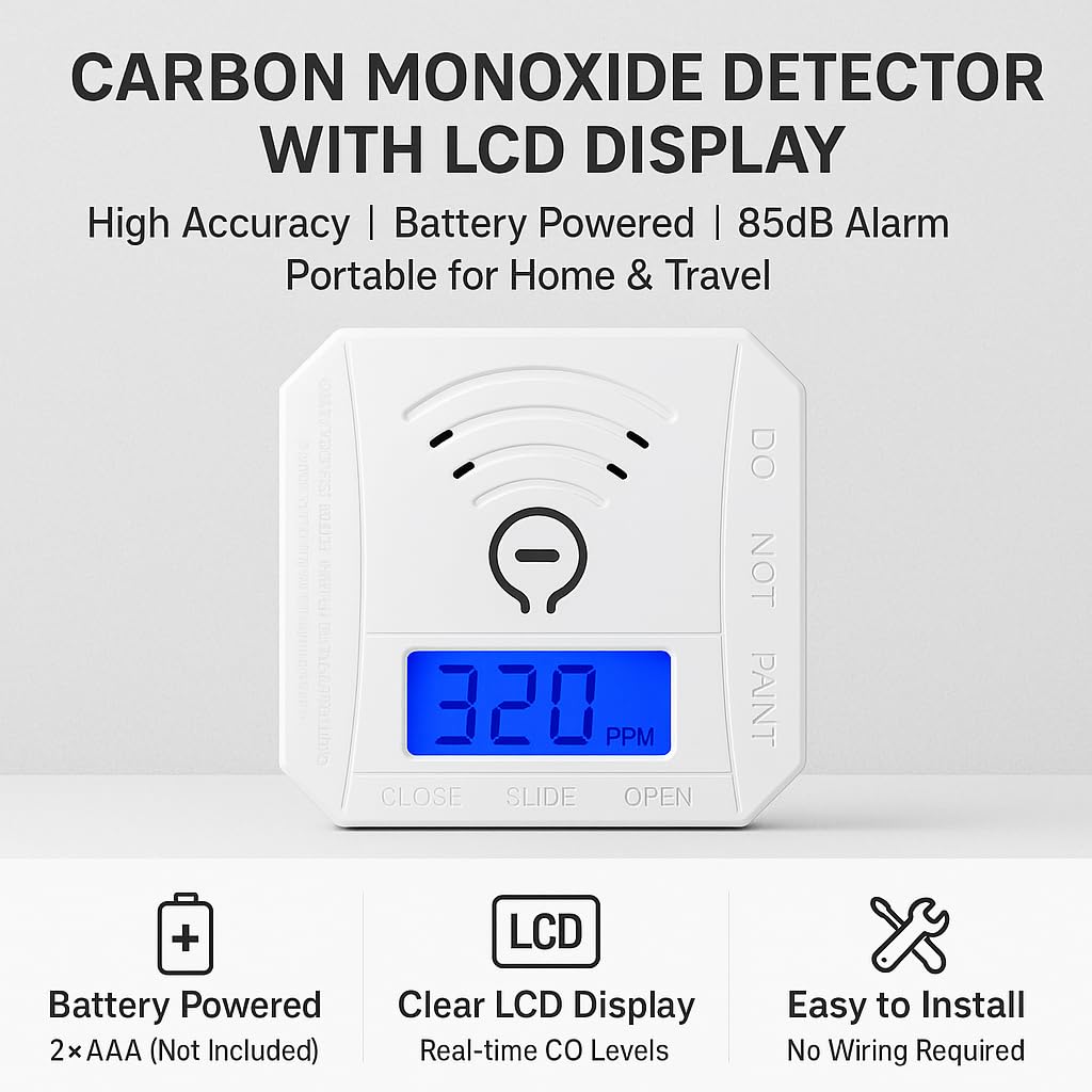 Carbon Monoxide Detector 2 Pack,Battery Operated CO Detector Alarm with Digital LCD Display & Loud 85dB Alarm,Travel Carbon Monoxide Alarm,High Accuracy Portable CO Detector for Home/Hotel/Kitchen/RV