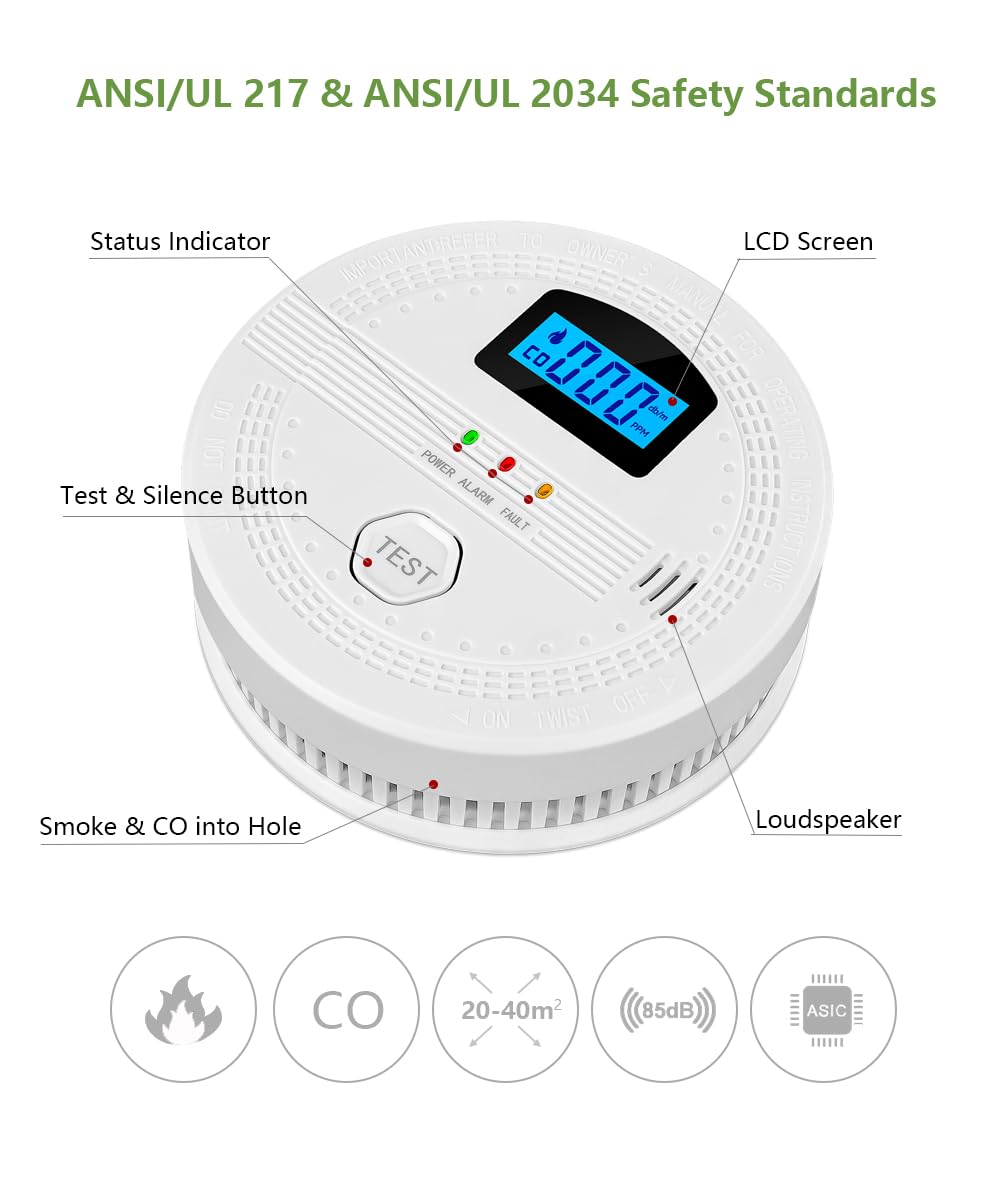 AITECseclfe Smoke and Carbon Monoxide Detector Combo, Fire Alarms Smoke detectors and Smart co Detector with Battery Powered for Home, Travel or RV, Portable, Digital Display (1 Pack)