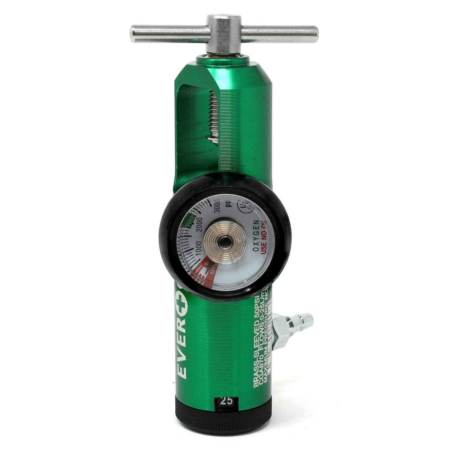 EverOne Mini Oxygen Regulator with Key, 0-25 Litersper min, Brass Sleeve, 870 CGA Connection, Brass Sleeve
