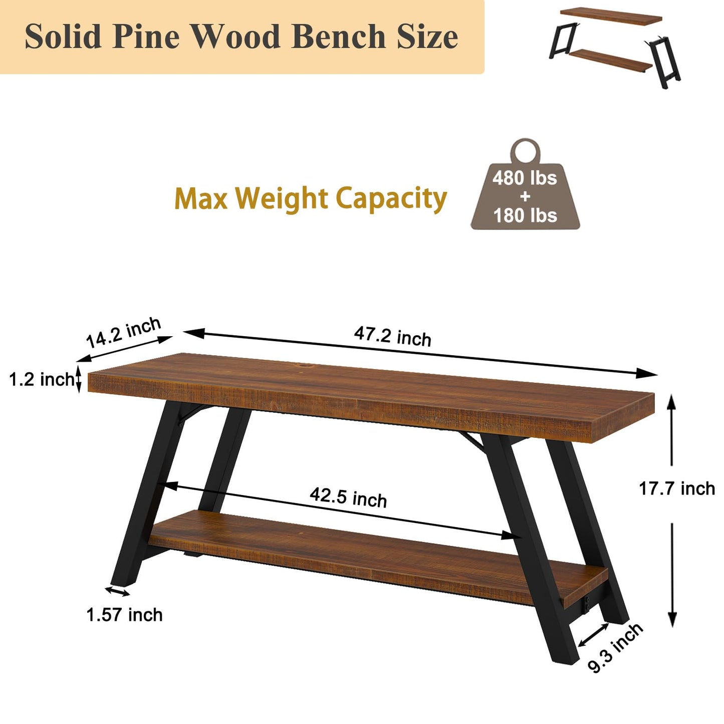 IBF Solid Wood Entryway Bench, Natural Real Wood Storage Bench, Farmhouse Wooden Shoe Bench in Entry Way Hallway Foyer Rack, Bedroom Bench Seat for Living Bed Mud Room Indoor, Rustic Brown, 47 Inch