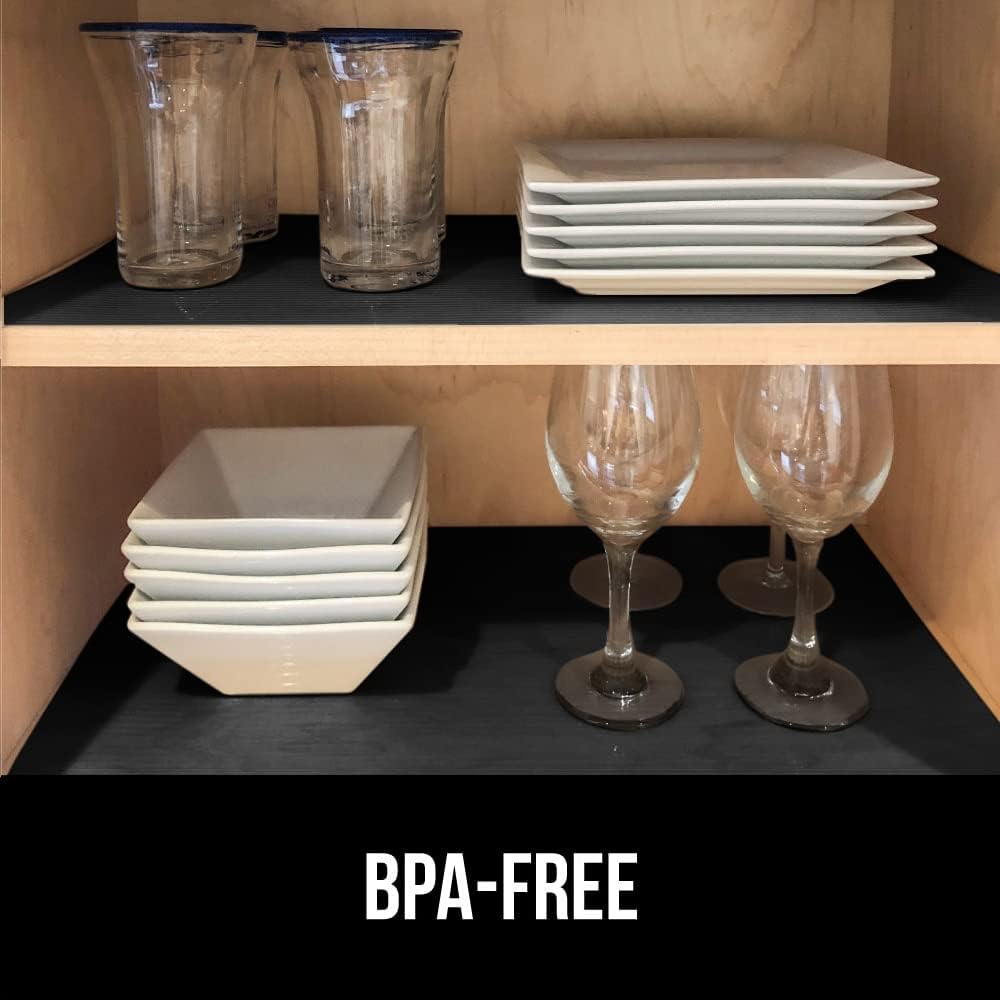 GORILLA GRIP DuraGuard Shelf Liner, Non-Adhesive Cabinet Liners for Kitchen Drawers, Shelves, Refrigerator, Pantry Storage, Bathroom Closet, Durable Waterproof BPA Free Ribbed Plastic, 20x10 Jet Black