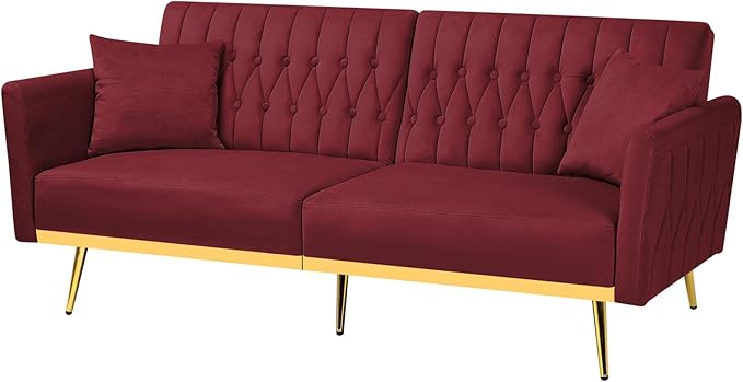 ACMEASE 70” Velvet Futon Sofa Bed with 2 Pillows and Adjustable Armrests, Convertible Sleeper Bed W/Adjustable Backrests, Modern Loveseat for Living Room, Bedroom, Red
