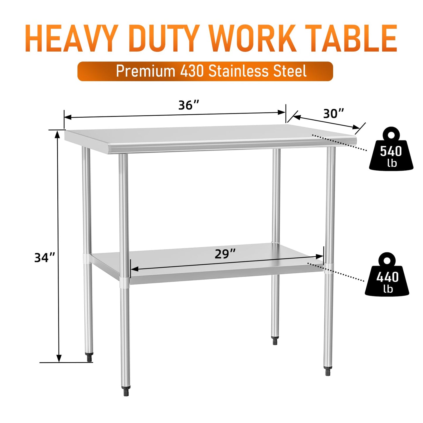 HOCCOT Stainless Steel Table for Food Prep & Work 30 x 36 inches Utility Table with Adjustable Undershelf, Commercial Workstation in Kitchen, Garage, Outdoor BBQ