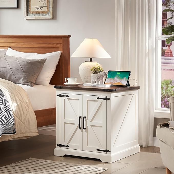 Barnyatoh Farmhouse End Table with Charging Station,24" Large Side Table with Barn Door, Rustic Wood Square Nightstand Bedside Table with Adjustable Shelf for Living Room, Bedroom,Antique White 2-Pack