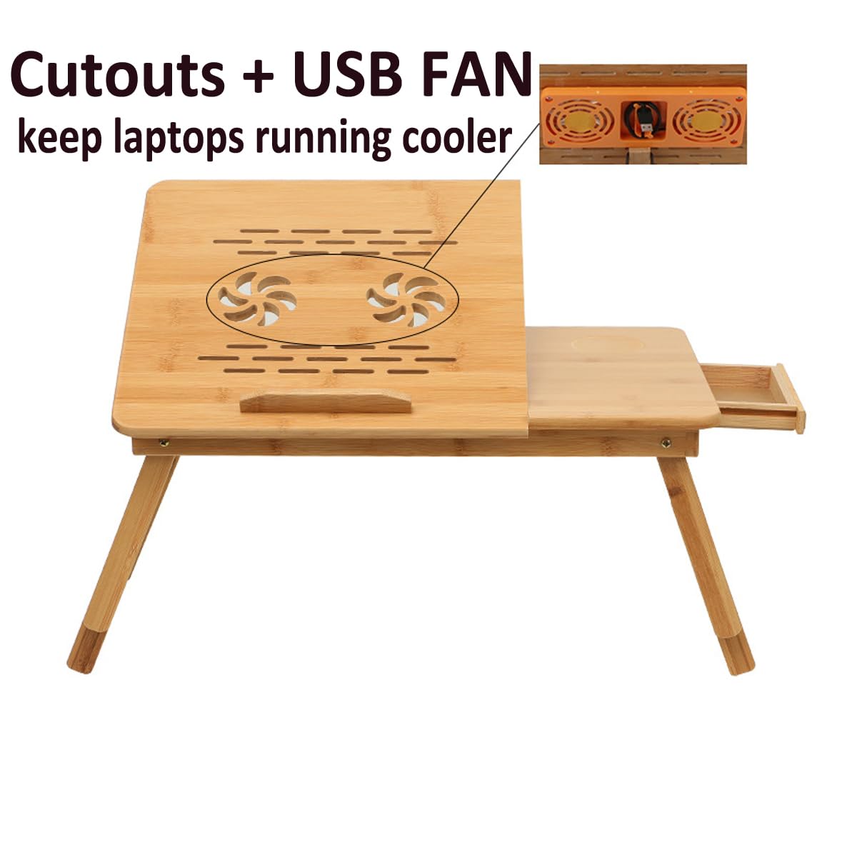 SKYZONAL Laptop Desk Adjustable Bamboo Laptop Table with Fan Drawer Foldable Bed Tray Breakfast Tray Padded Lap Work Tray,for Working Writing Drawing