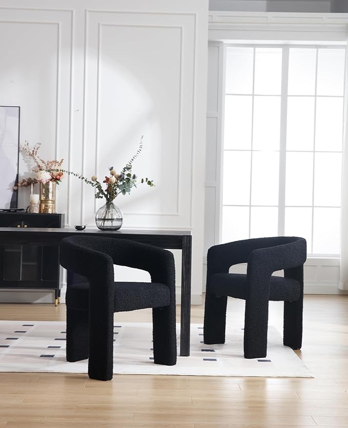 DAYALANE Black Boucle Dining Chairs Set of 2, Upholstered Sherpa Kitchen Chairs with Arms Comfy Barrel Side Chair for Living Room/Dining Room/Reception, Black Fur