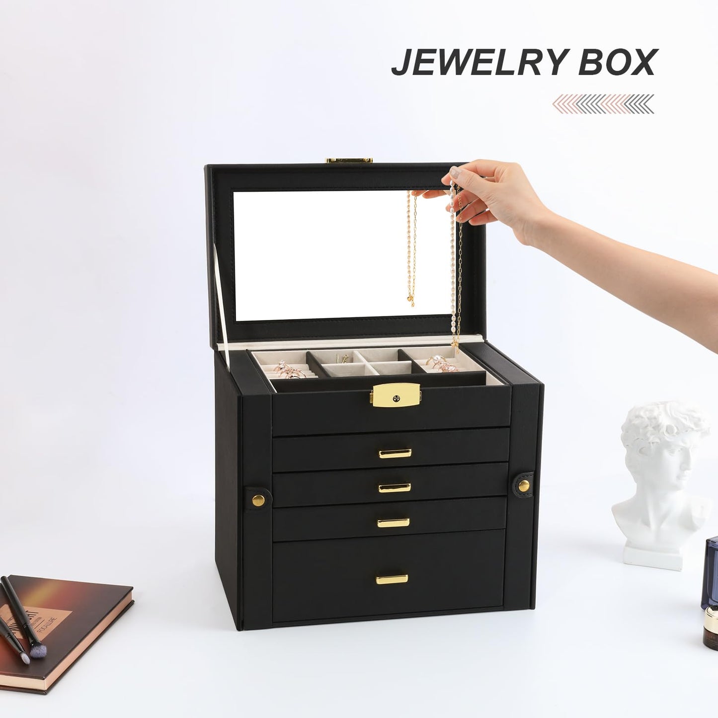 V-LAFUY Large Jewelry Organizers and Storage, Jewelry Box for Women 5 Layers Jewelry Organizer, Large Jewelry Boxes & Organizers for Women, Black