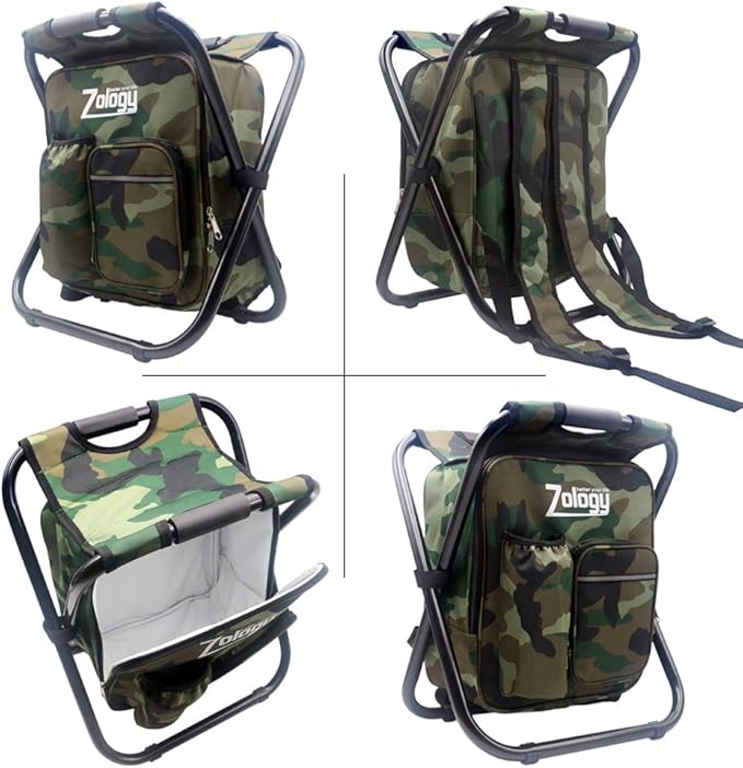 Zology Folding Camping Chair Stool Backpack with Cooler Insulated Picnic Bag, Hiking Camouflage Seat Table Bag Camping Gear, Outdoor Fishing Hunting Gifts for Men