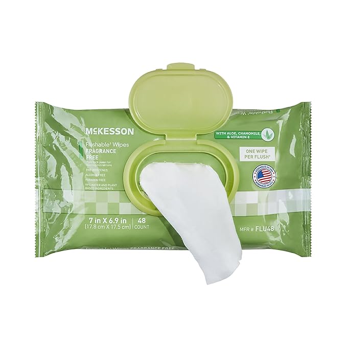 McKesson Flushable* Adult Wet Wipes – 288 Wipes (6 Pack of 48) – Aloe & Vitamin E, Plant-Based Cleansing Wipes, Unscented