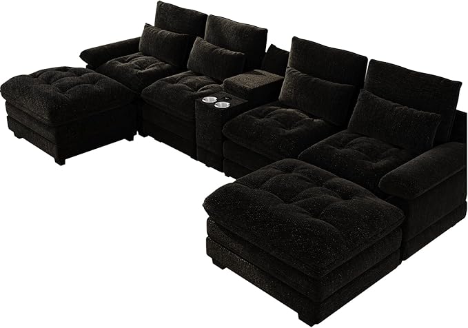 BEQAI 134"U Shaped Sectional Couches for Living Room, Oversized Modular Sectional Fluffy Couch with 2 Ottoman & Storage Console,Modern 6 Seat Living Room Sofa with Glitter Fabric,Tufted Buttons, Black