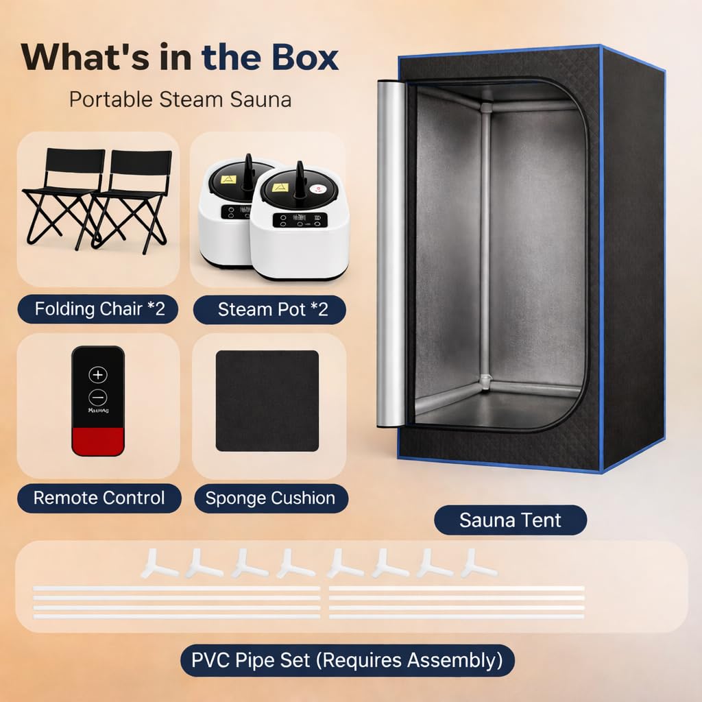 HOSOUTION Upgraded Sauna Box, Portable 2 Person Sauna for Home, Infrared Sauna for Relaxation, Portable Sauna with 2 Upgraded 3L 1200W Steamer, Folding Chair, Black