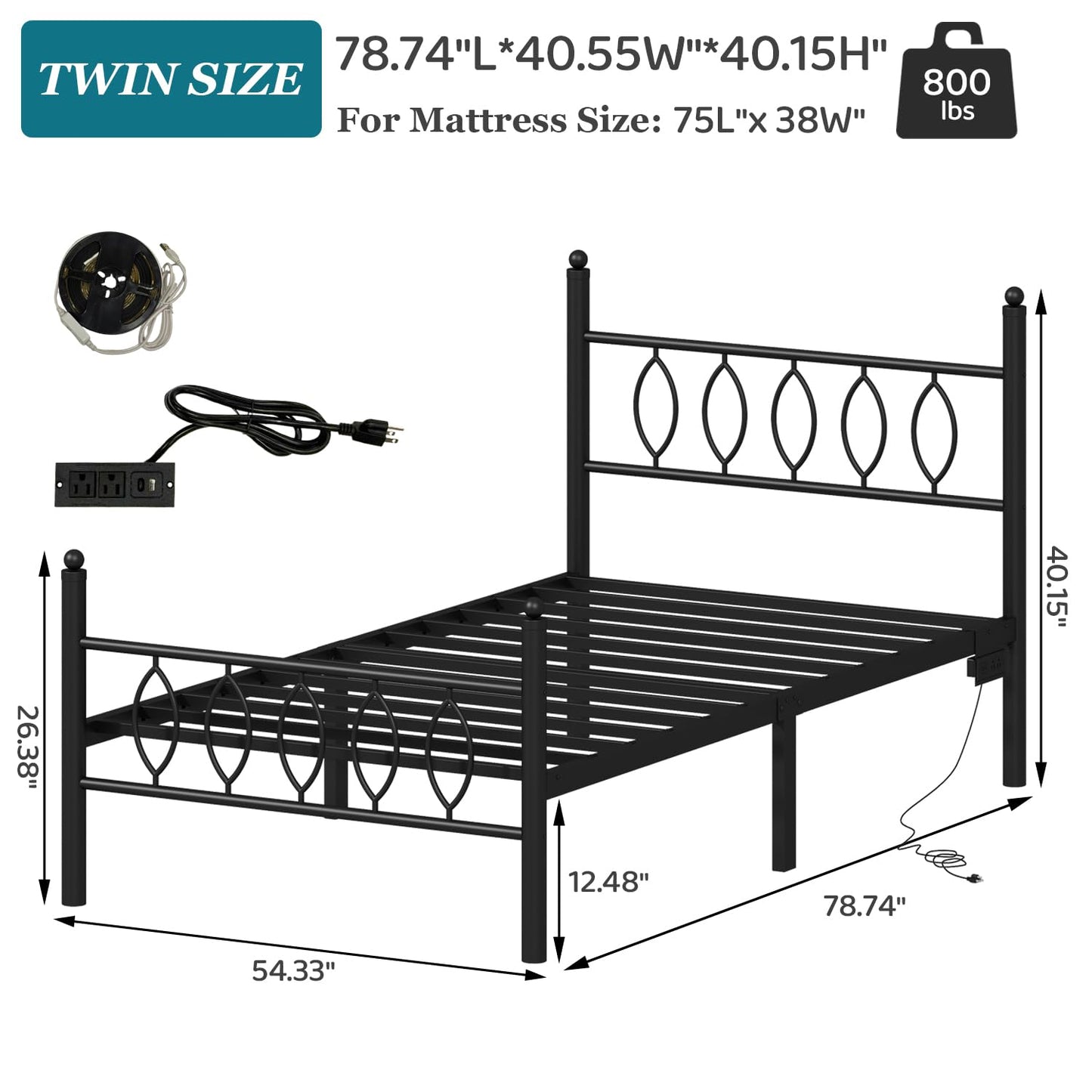Samurbex Twin Size Bed Frame with Headboard,Black Metal Platform Bed Frame Twin Size with Charging Station & LED Lights,12-Inch Under Bed Storage,No Box Spring Needed,Noise Free,Easy to Assemble