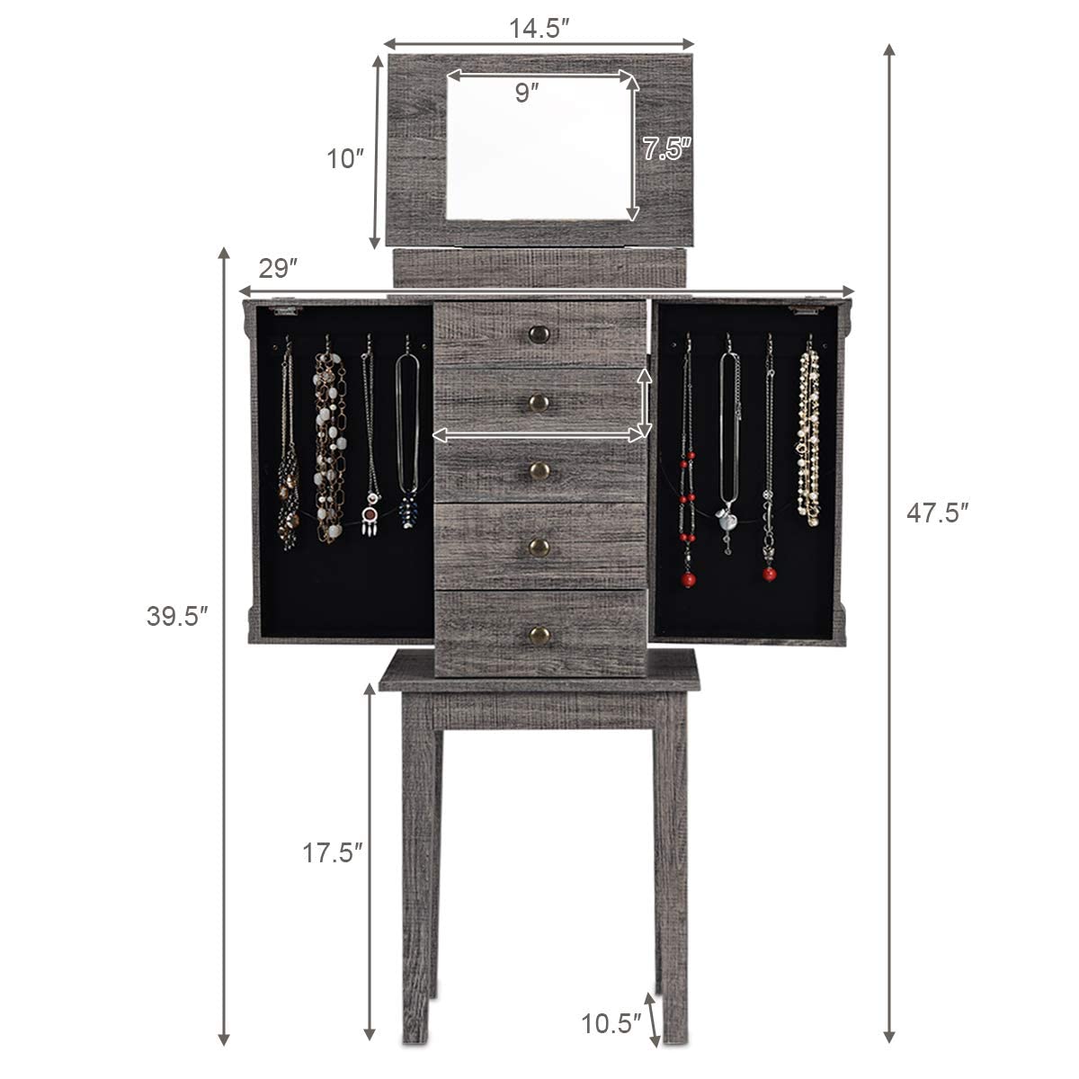 OFFICEJOY Standing Jewelry Armoire Cabinet w/Top Flip Mirror, 5 Drawers, 2 Doors, 8 Necklace Hooks, Jewelry Storage Chest Organizer for Earrings Necklaces Bracelets, Make Up, Girls Women Gift (Gray)