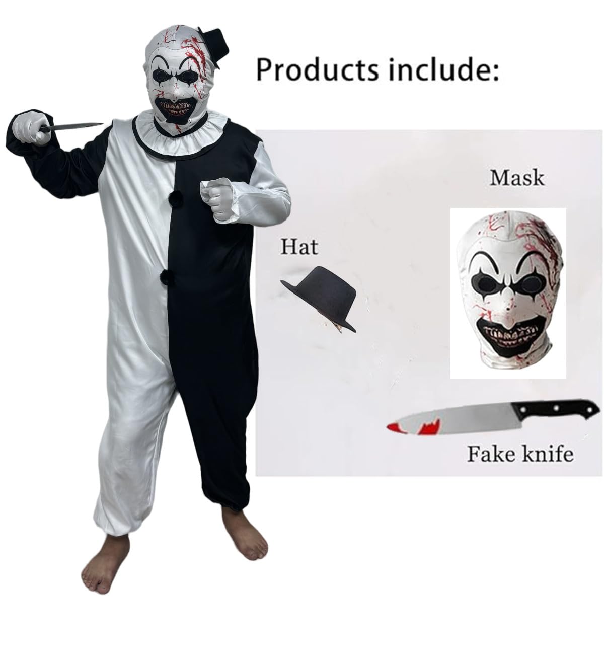 Generic Art the Clown Costume Clown Jumpsuit Men Women Outfit Black White Bodysuit Full Set Halloween Costume With Mask, Large