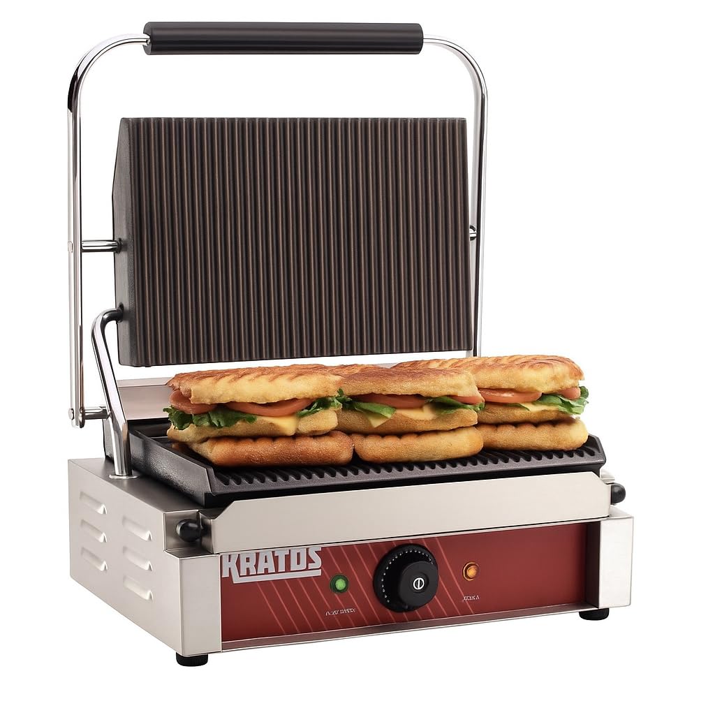 Kratos Commercial Electric Panini Sandwich Grill with Grooved Plates, 14" x 9" Cooking Surface, Commercial Countertop Panini Press, 120V, 1750W (29Y-020)