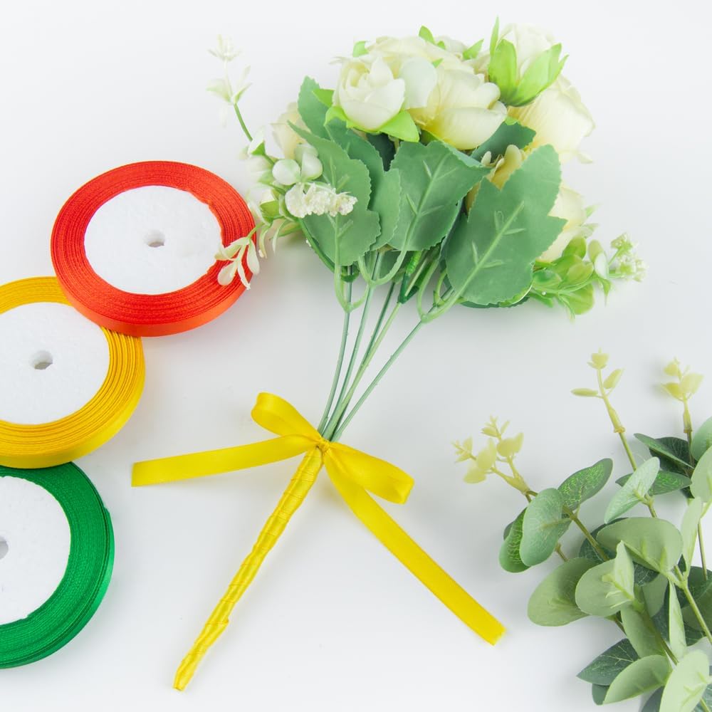 3/8 Inch 25 Yards Satin Ribbon Yellow, Solid Color Fabric Ribbon for Gift Wrapping, Wedding, Polyester Gift Ribbon for Birthday Party Decoration, Craft, Hair, Floral, Sewing