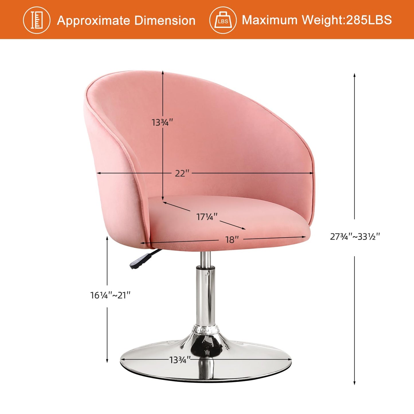 Furniliving Swivel Vanity Stool Contemporary Round Velvet Back Tilt Accent Chairs 360° Makeup Chair with Chrome Frame Height Adjustable Charming Chair Lounge Pub Bar (Pink)