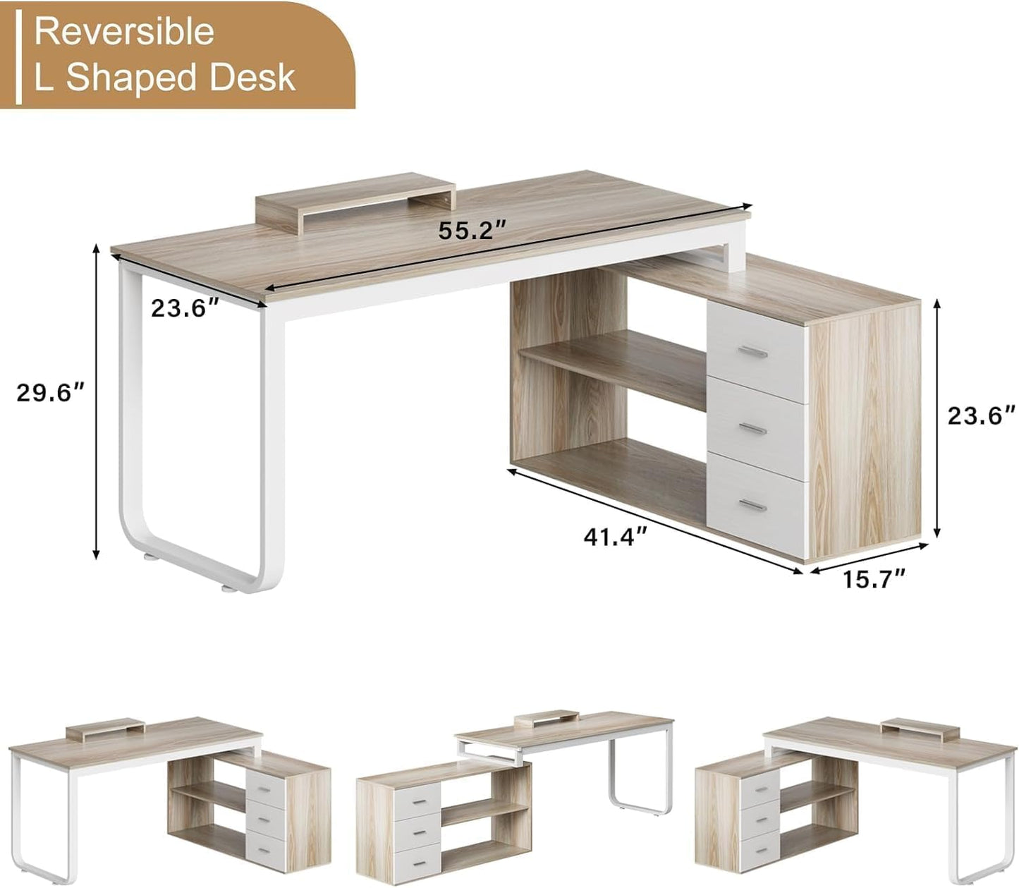 MaverickFurni 55 Inch Reversible L Shaped Computer Desk with 3 Drawers, Corner Desk with Storage Shelves and Removable Monitor Stand, White and Walnut