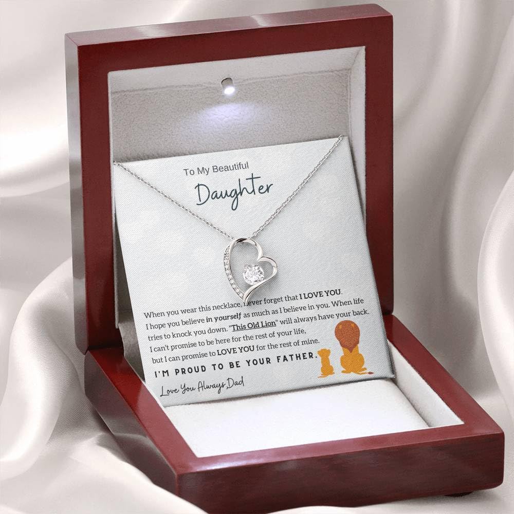 Momavo Jewelry Daughter Gift: Father to Daughter Christmas Birthday Gift, Forever Love Necklace (Luxury Box w/ LED LIGHT, 14k White Gold Finish)