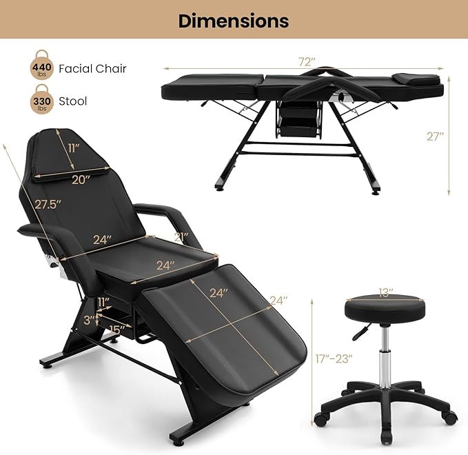 Giantex 72" Massage Bed with Hydraulic Stool, 3-Section Tattoo Chair with Adjustable Backrest, Legrest & Storage Boxes, Facial Chair for Professional Massage Lash Beauty Treatment Spa (Black)