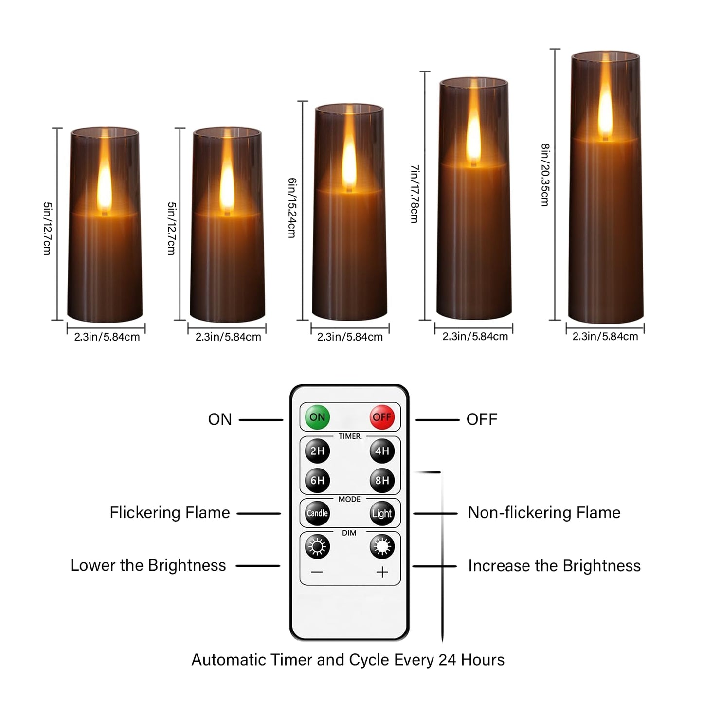 JINYANIA Flameless LED Candles, Upgraded Realistic Flickering Flame Battery Operated Candles with Remote Timer, Acrylic Electric Set of 5 for Romantic Ambiance and Home Decoration(Grey)